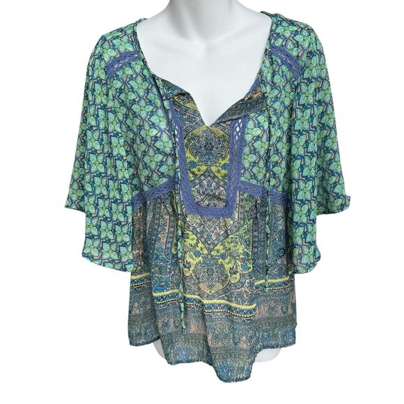 Fig & Flower Anthropologie Boho Top Womens Medium Green Blue Tunic Hippie Blouse - Picture 1 of 11